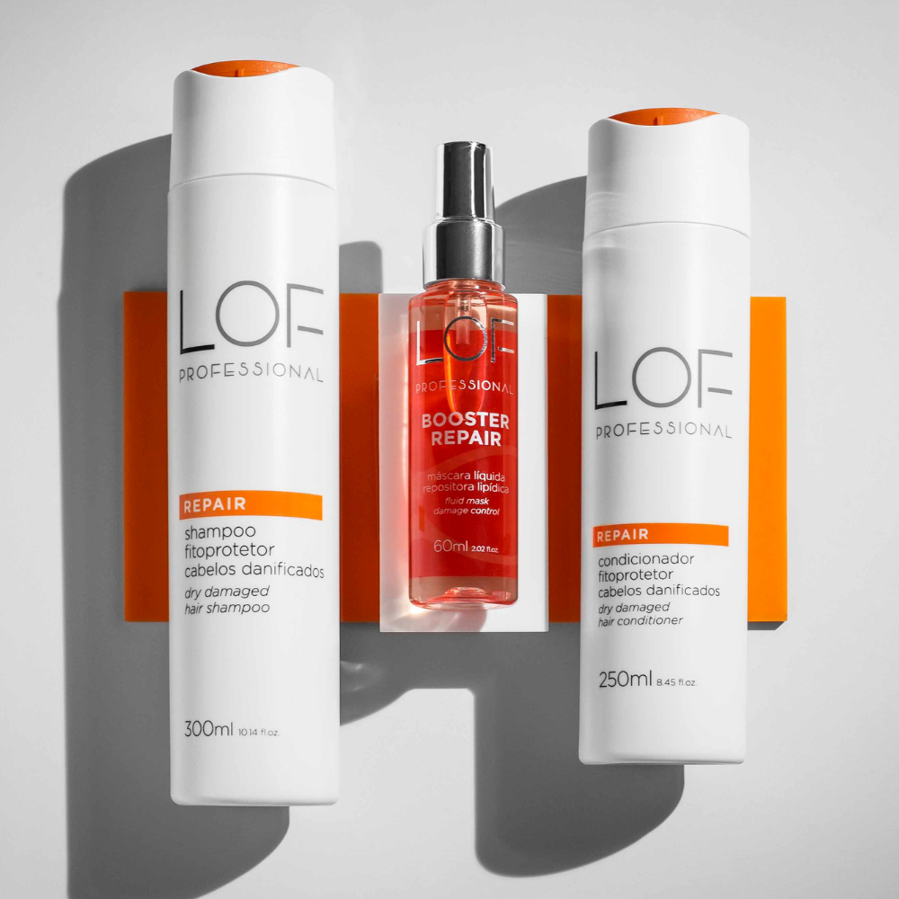 Kit Reconstrução Total LOF Professional - shampoo, condicionador e Booster Repair com Ômega-9 para cronograma intensivo